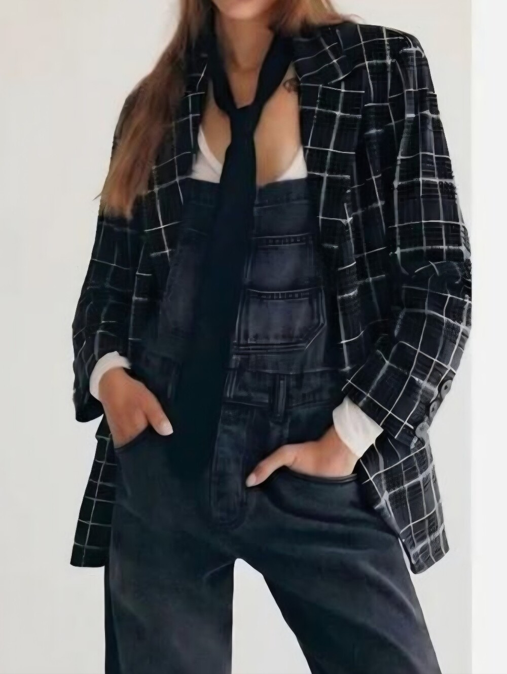 Free People We The Free Cali Plaid Houndstooth Blazer Jacket Black gray NWT S